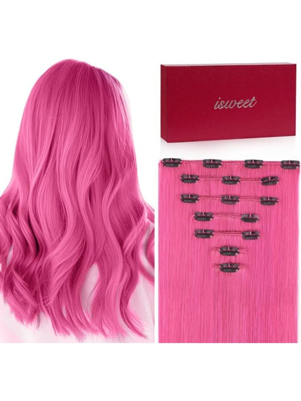22 Inch Pink Clip-In Hair Extensions, 7Pcs Remy Human Hair, Soft & Natural
